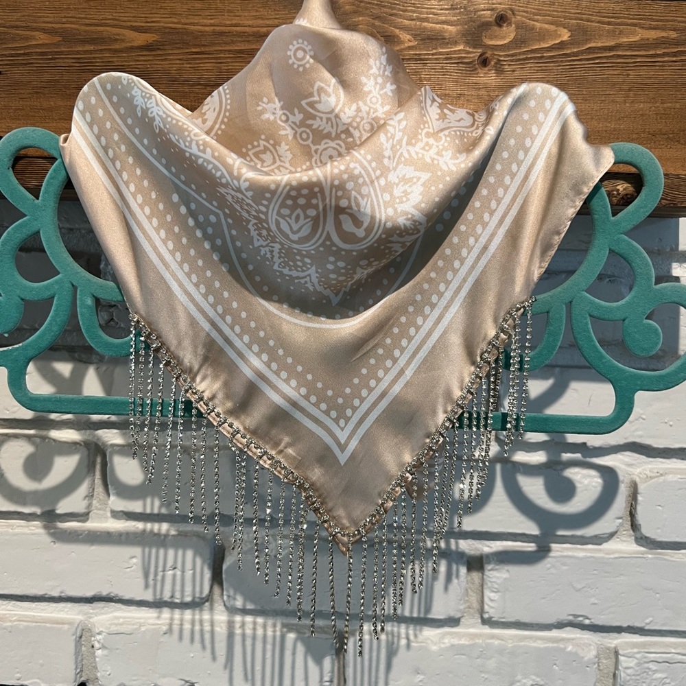 Elegant Tan and White Bandana with Fringe